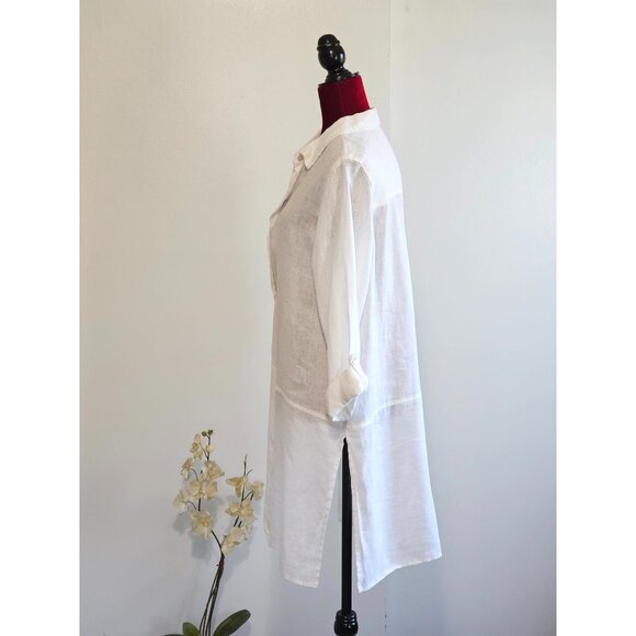 Tahari Women's White Linen Roll Tab Sleeve Collared Button-Front Top Sz L 2261 - Picture 10 of 12